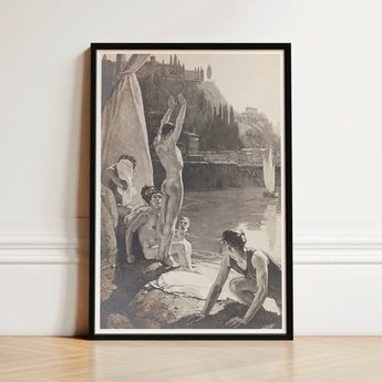 Black-framed Monochrome Artwork Classical Figures River White Wall Young Men, Bathing, Naked, Dark Cypress Pinned, Georges Paul Leroux, Art