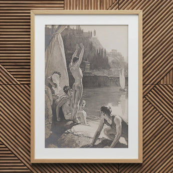 Young Men Bathing Naked in the Tiber - Georges Paul Leroux Art Print / Canvas Prints Framed Black-and-white Lithograph Classical Scene Nude