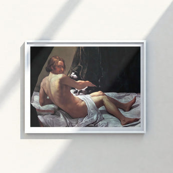 White-framed Artwork Nude Figure Bedding Black-and-white Dog Giovanni Lanfranco Fine, Art Print, Playful Desire