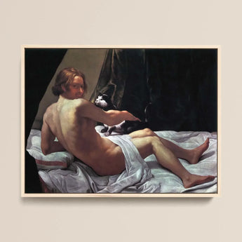 Young Naked Man on a Bed with Cat - Giovanni Lanfranco Art Print / Canvas Framed Classical Oil Painting Nude Woman Draped Fine, Playful