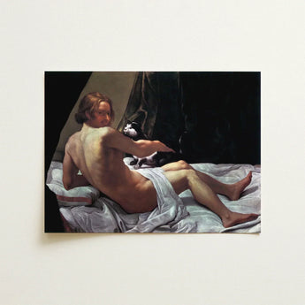 Young Naked Man on a Bed with Cat - Giovanni Lanfranco Art Print / Canvas Framed Oil Painting Nude Male Figure Draped Fine, Playful Desire