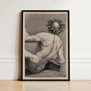 Black-framed Monochrome Print Muscular Figure Laurel Wreath Head Naked Man, Wreathed, Johann David Herz’s, Young, Declares, Circa-1732
