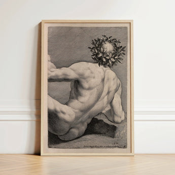 Framed Black-and-white Muscular Figure Laurel Wreath Head Encased Naked Man, Wreathed, Johann David Herz’s, Young, Declares, Circa-1732