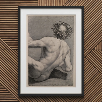 Young Naked Man with a Wreathed Head - J.d. Herz Art Print / Canvas Black-framed White-matted Classical Nude Male Figure Laurel, Johann