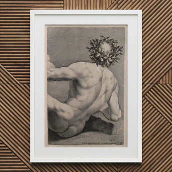 Young Naked Man with a Wreathed Head - J.d. Herz Art Print / Canvas Framed Black-and-white Nude Male Figure Laurel Wreath, Johann David