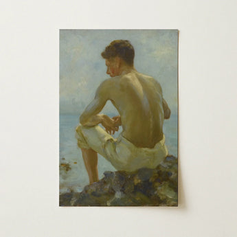 Rectangular Oil Painting Shirtless Man Light-colored Shorts Rocks Young Sailor, Henry Scott, Tide Meets Stone, Caught, Edwardian Beach