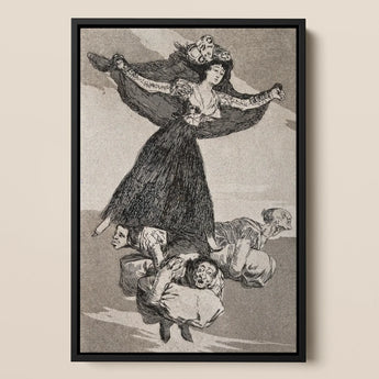 A Young Woman Flying in the Air with a Butterfly on Her Head - Francisco De Goya Art Print / Canvas Black-framed Artwork Woman Ornate Gown