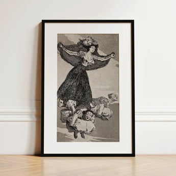 A Young Woman Flying in the Air with a Butterfly on Her Head - Francisco De Goya Art Print / Canvas Black-framed Art Print Monochromatic