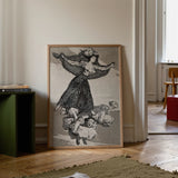 A Young Woman Flying in the Air with a Butterfly on Her Head - Francisco De Goya Art Print / Canvas Framed Black-and-white Illustration