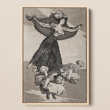 A Young Woman Flying in the Air with a Butterfly on Her Head - Francisco De Goya Art Print / Canvas Framed Black-and-white Illustration