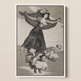 A Young Woman Flying in the Air with a Butterfly on Her Head - Francisco De Goya Art Print / Canvas Framed Black-and-white Illustration