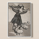 A Young Woman Flying in the Air with Butterfly on Her Head - Francisco De Goya Art Print / Canvas Framed Black-and-white Illustration