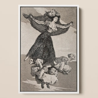 A Young Woman Flying in the Air with a Butterfly on Her Head - Francisco De Goya Art Print / Canvas Framed Black-and-white Illustration