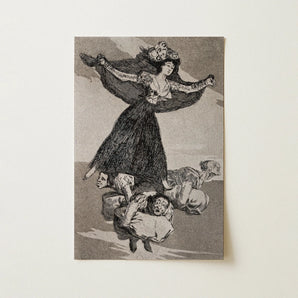 A Young Woman Flying in the Air with Butterfly on Her Head - Francisco De Goya Art Print / Canvas Monochromatic Ink Illustration Elaborate