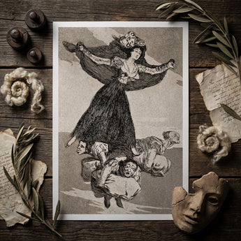 A Young Woman Flying in the Air with a Butterfly on Her Head - Francisco De Goya Art Print / Canvas Sepia-toned Lithograph Woman Elaborate