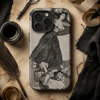 A Young Woman Flying in the Air - Francisco De Goya Phone Case Black-and-white Illustrated Phone Case Dramatic Vintage-style Woman Ornate
