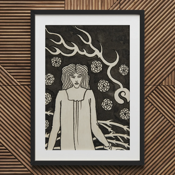 Giovane donna circondata da rovi, fulmini e rose - Stampa artistica / Tela di Aubrey Vincent Beardsley, 20x30’’ / 51x76cm / Cornice nera