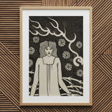 Giovane donna circondata da rovi, fulmini e rose - Stampa artistica / Tela di Aubrey Vincent Beardsley, 20x30’’ / 51x76cm / Cornice naturale