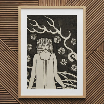 Giovane donna circondata da rovi, fulmini e rose - Stampa artistica / Tela di Aubrey Vincent Beardsley, 20x30’’ / 51x76cm / Cornice naturale