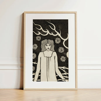Young Woman Surrounded by Briars Lightning and Roses - Aubrey Vincent Beardsley Art Print / Canvas, 12x18’’ / 31x46cm / Natural Frame