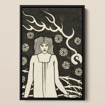 Young Woman Surrounded by Briars Lightning and Roses - Aubrey Vincent Beardsley Art Print / Canvas Black-framed Artwork Stylized White