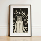 Young Woman Surrounded by Briars Lightning and Roses - Aubrey Vincent Beardsley Art Print / Canvas Black-framed Art Print Stylized White