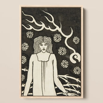 Young Woman Surrounded by Briars Lightning and Roses - Aubrey Vincent Beardsley Art Print / Canvas Black White Illustrated Art Print Light