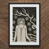 Young Woman Surrounded by Briars Lightning and Roses - Aubrey Vincent Beardsley Art Print / Canvas Framed Black White, Woman’s Profile