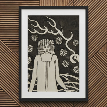 Young Woman Surrounded by Briars Lightning and Roses - Aubrey Vincent Beardsley Art Print / Canvas Framed Black White, Woman’s Profile