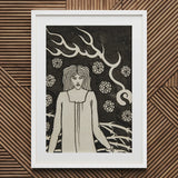 Young Woman Surrounded by Briars Lightning and Roses - Aubrey Vincent Beardsley Art Print / Canvas Framed Black White Long Hair, Woman’s