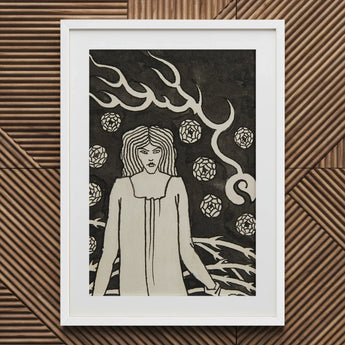 Young Woman Surrounded by Briars Lightning and Roses - Aubrey Vincent Beardsley Art Print / Canvas Framed Black White Long Hair, Woman’s