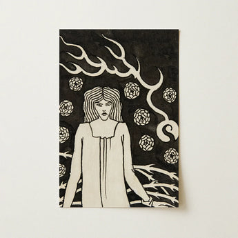 Young Woman Surrounded by Briars Lightning and Roses - Aubrey Vincent Beardsley Art Print / Canvas Black White Illustrated Stylized Hair,