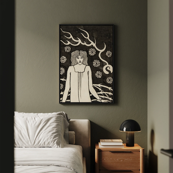 Young Woman Surrounded by Briars Lightning and Roses - Aubrey Vincent Beardsley Art Print / Canvas Black-framed Artwork Stylized White
