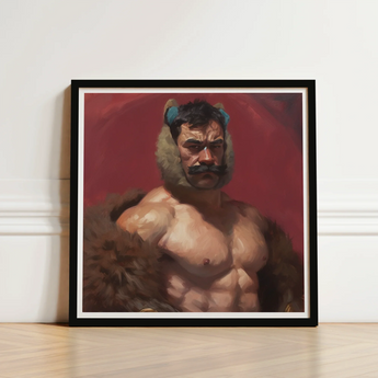 Framed Painting Muscular Man Mustache Bear-like Fur Hood Muscle Daddy Art, Bear, Zaddy
