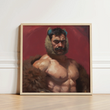Framed Painting Muscular Man Mustache Fur-lined Hood Set Muscle Daddy Art, Bear, Zaddy