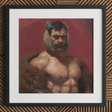 Zaddy Bear - Gay Muscle Daddy Art Print / Canvas Framed Painting Muscular Man Dark Hair Blue Ear, Prints