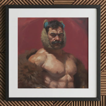 Zaddy Bear - Gay Muscle Daddy Art Print / Canvas Framed Painting Muscular Man Dark Hair Blue Ear, Prints