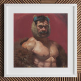 Zaddy Bear - Gay Muscle Daddy Art Print / Canvas White Framed Painting Muscular Man Fur Collar Horns, Prints