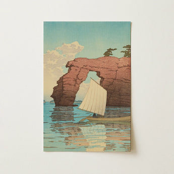 Serene Woodblock Print Sailboat White Sail Beneath Reddish-brown Kawase Hasui, Zaimoku Means Timber, Spent Centuries Cutting, Art, Holding
