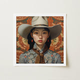 Zhi - Lesbian Chinese Cowgirl Art Print / Canvas Framed Portrait Woman Off-white Cowboy Hat Patterned Band, Elegant Outlaw Reminding,