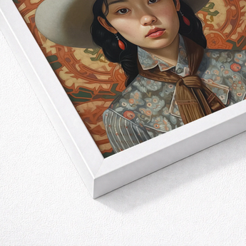 Framed Portrait Woman Dark Hair Ornate Patterned Blouse Lesbian Chinese Cowgirl, Elegant Outlaw Reminding, Sapphic Asia Femme