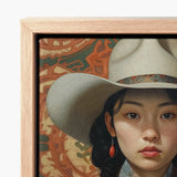 Framed Canvas Painting Woman Wide-brimmed Off-white Hat Ornate Lesbian Chinese Cowgirl, Elegant Outlaw Reminding, Sapphic Asia Femme