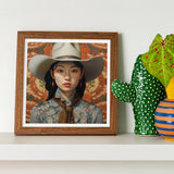 Zhi - Lesbian Chinese Cowgirl Art Print / Canvas Framed Portrait Photograph Wide-brimmed Cowboy Hat Ruffled Blouse, Elegant Outlaw