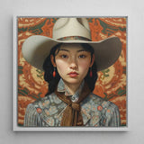 Zhi - Lesbian Chinese Cowgirl Art Print / Canvas Framed Portrait Woman Cream-colored Cowboy Hat Ornate Band, Elegant Outlaw Reminding,