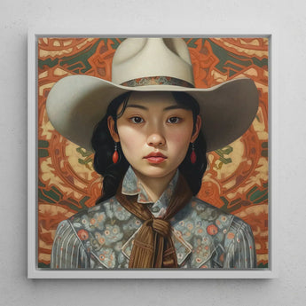 Zhi - Lesbian Chinese Cowgirl Art Print / Canvas Framed Portrait Woman Cream-colored Cowboy Hat Ornate Band, Elegant Outlaw Reminding,