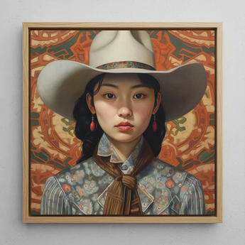 Zhi - Lesbian Chinese Cowgirl Art Print / Canvas Framed Portrait Young Woman Cream-colored Cowboy Hat Ornate Lesbian Chinese Cowgirl,