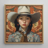 Zhi - Lesbian Chinese Cowgirl Art Print / Canvas Framed Portrait Young Woman Cream-colored Cowboy Hat Ornate, Elegant Outlaw Reminding,