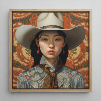 Zhi - Lesbian Chinese Cowgirl Art Print / Canvas Framed Portrait Young Woman Cream-colored Cowboy Hat Ornate, Elegant Outlaw Reminding,