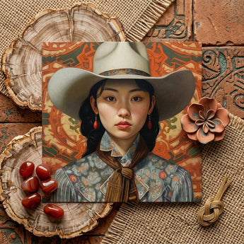 Zhi - Lesbian Chinese Cowgirl Art Print / Canvas Square Canvas Print Portrait Woman Wide-brimmed Beige Cowboy Lesbian Chinese Cowgirl,