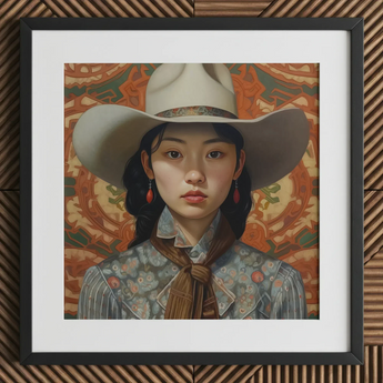 Zhi - Lesbian Chinese Cowgirl Art Print / Canvas White Cowboy Hat Brown Ribbon Red Earrings Lesbian Chinese Cowgirl, Elegant Outlaw